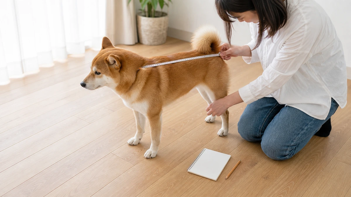 メジャーを使って床に立つ柴犬の体長を測る飼い主。犬は自然な姿勢で立ち、傍らにメモ用紙が置かれている