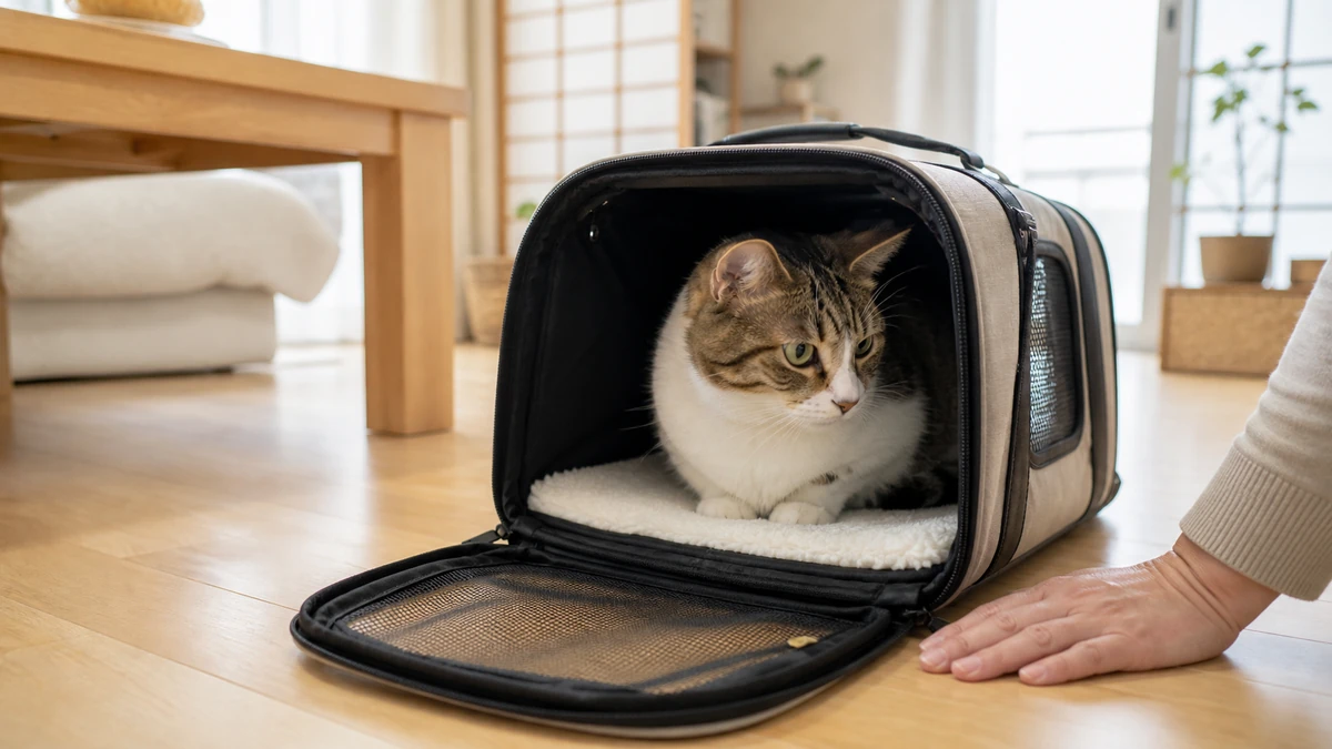 自宅のリビングの床に置かれたソフトキャリーの中から外を警戒して見ている猫。傍らに飼い主の手