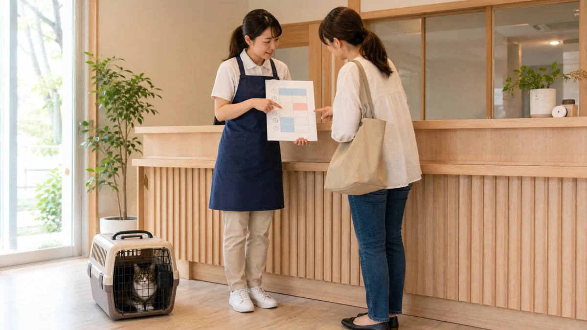 日中のペットホテル受付カウンターで、スタッフが飼い主に予定表を見せながら受け渡し時刻を説明している。傍らのキャリーの中に猫がいる