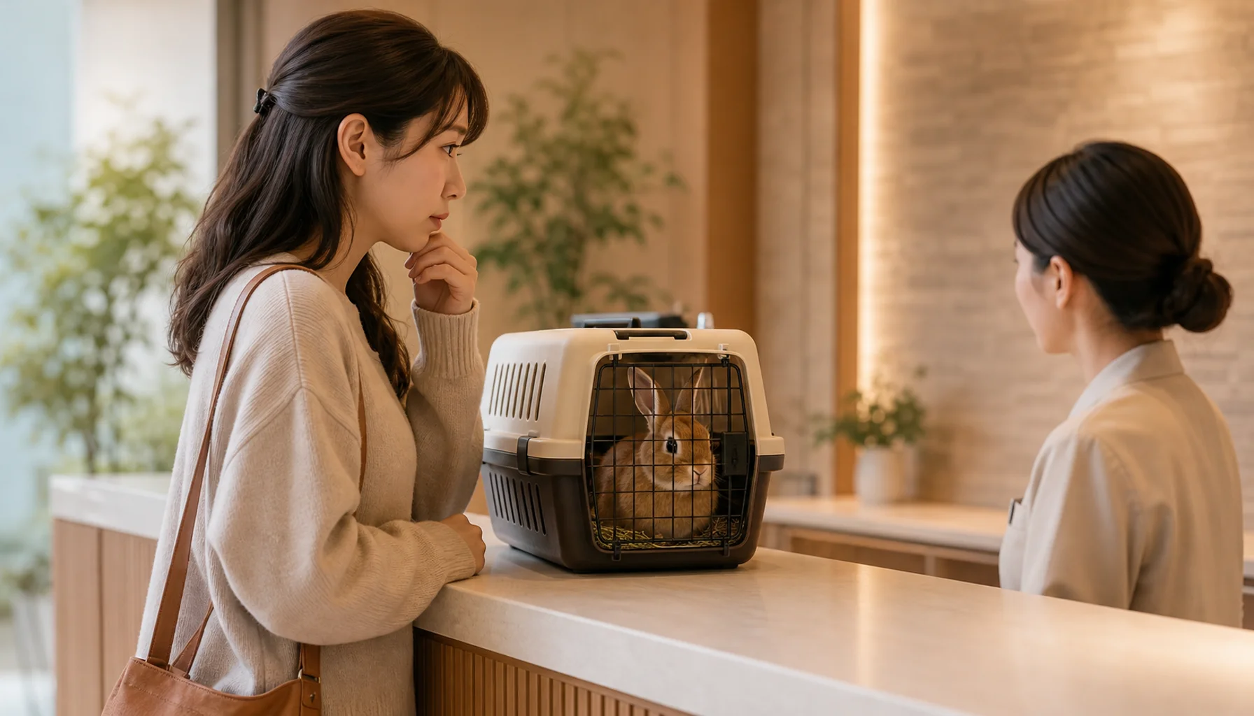 エキゾチック対応施設を求めて受付に立つ飼い主