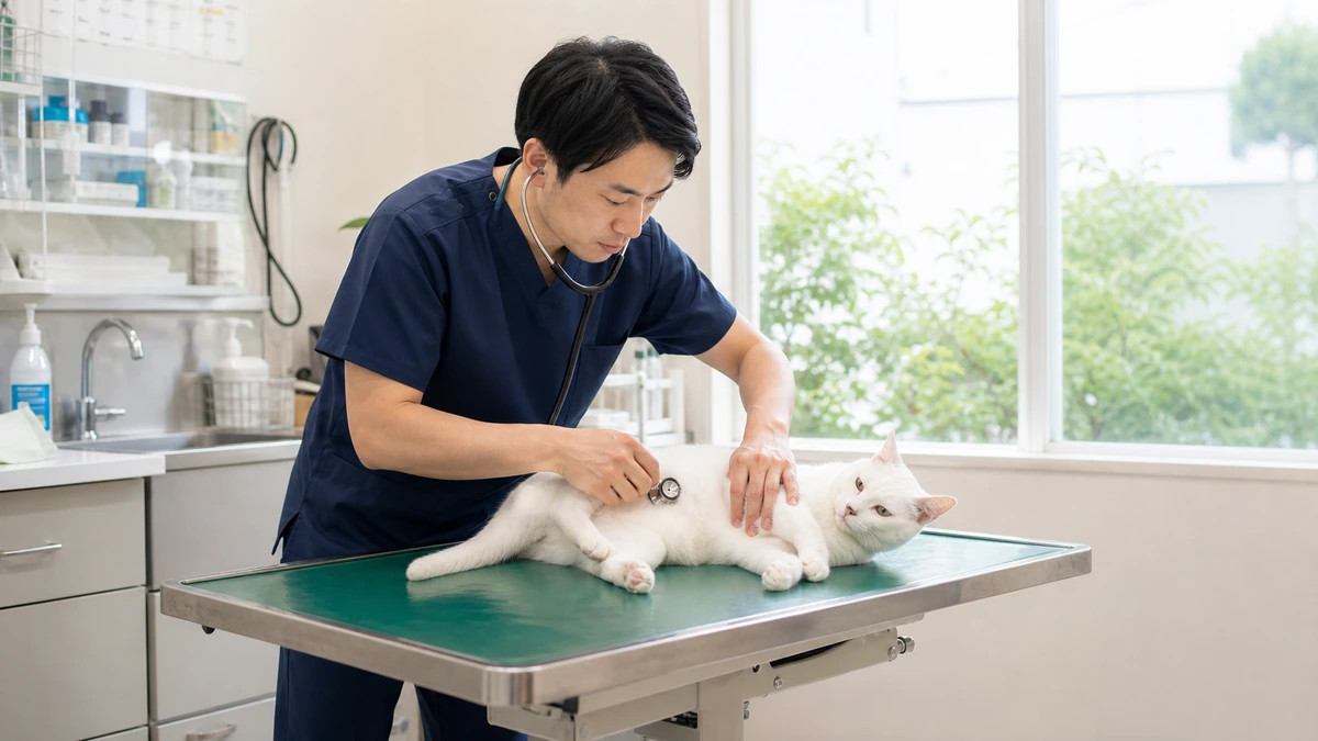 丸亀市の動物病院で獣医師が猫の健康チェックをしている様子、診察台に横たわる白猫