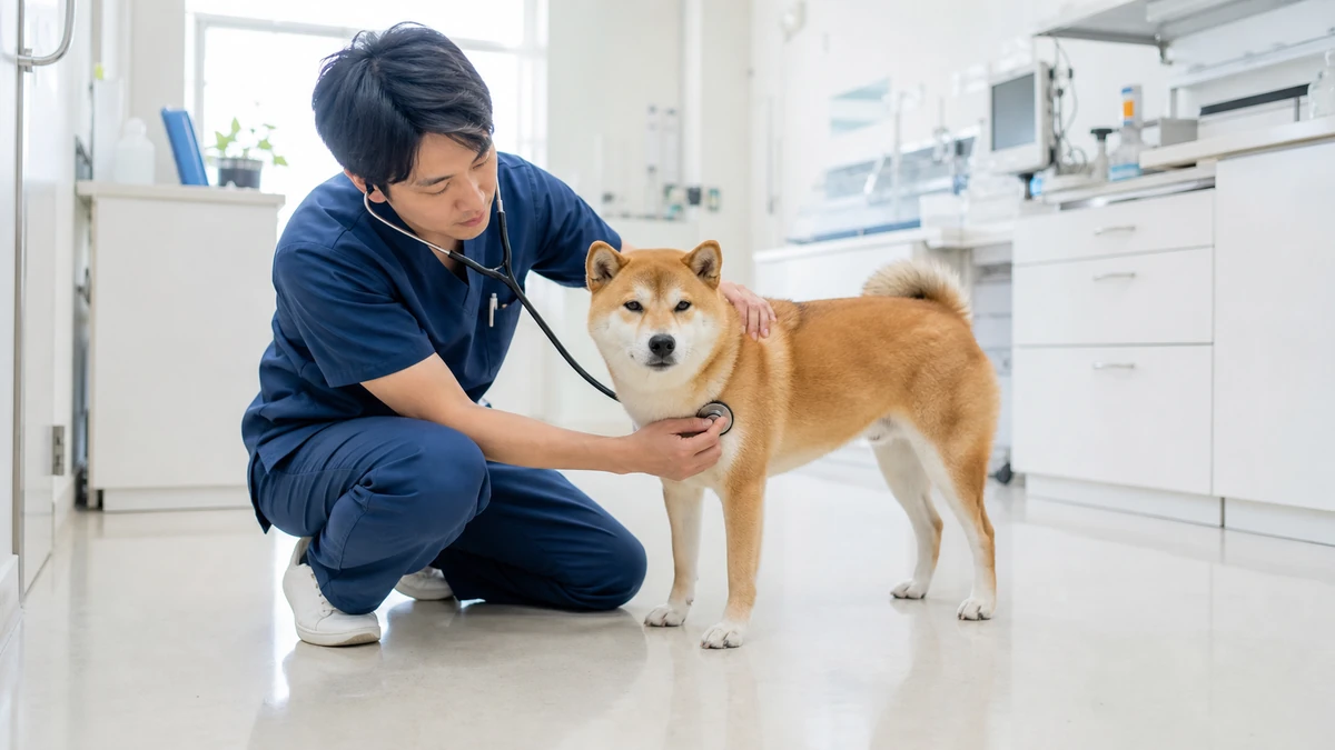 明るい診察室で、診察台の上に立つ中型犬を獣医師が片手で支えながら診ている