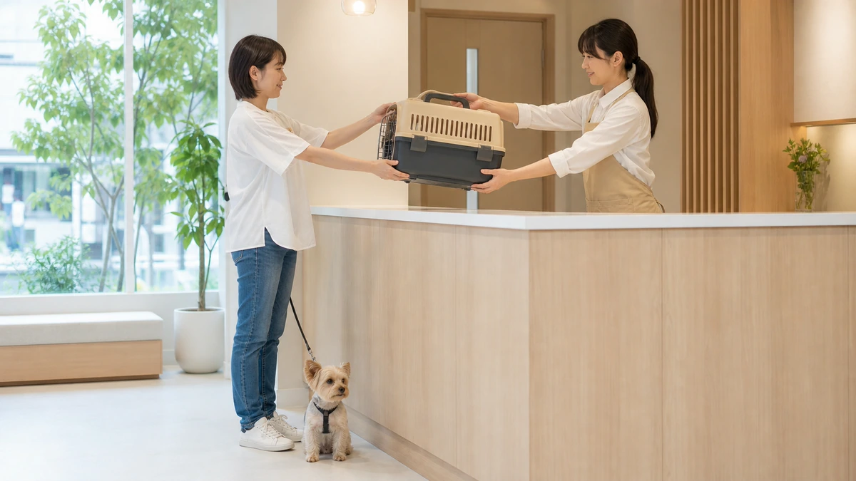 日中の受け渡し。明るい部屋でカウンター越しに小型犬のキャリーをスタッフへ渡している