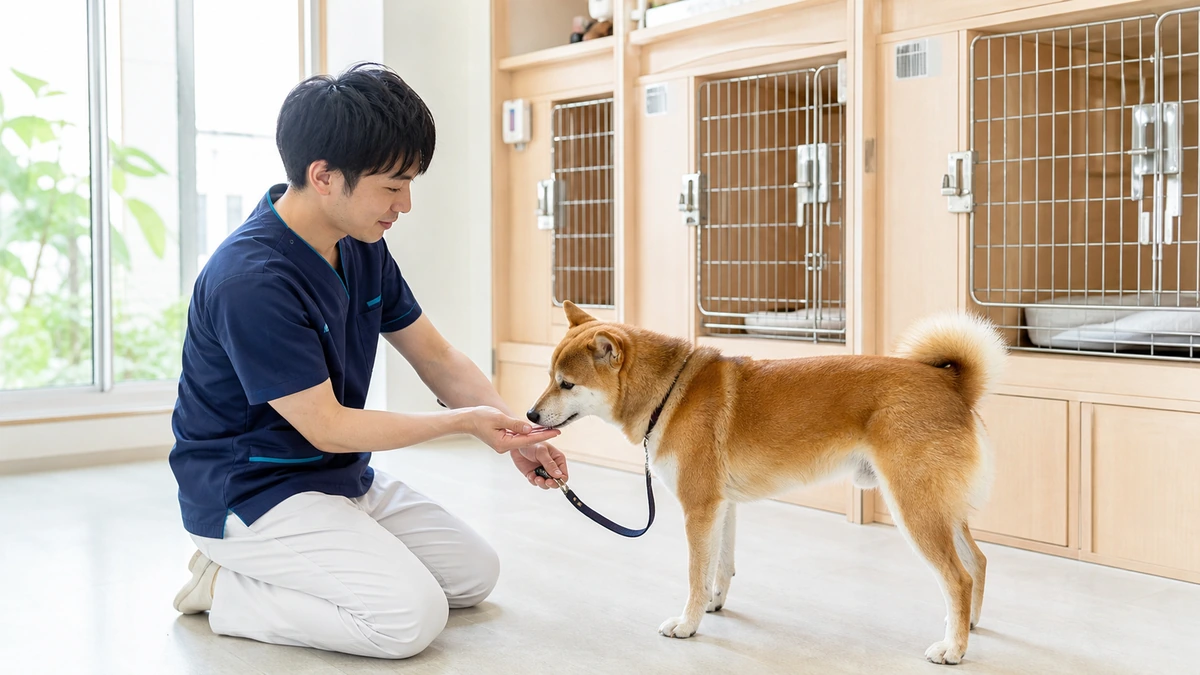 明るい動物病院で、獣医師が床にひざをついて中型犬に挨拶している。奥に宿泊用のケージが見える