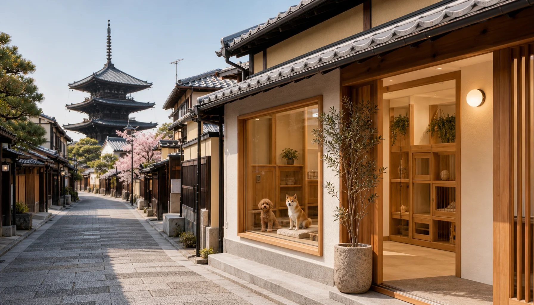 京都市内のペットホテル外観と伝統的街並み