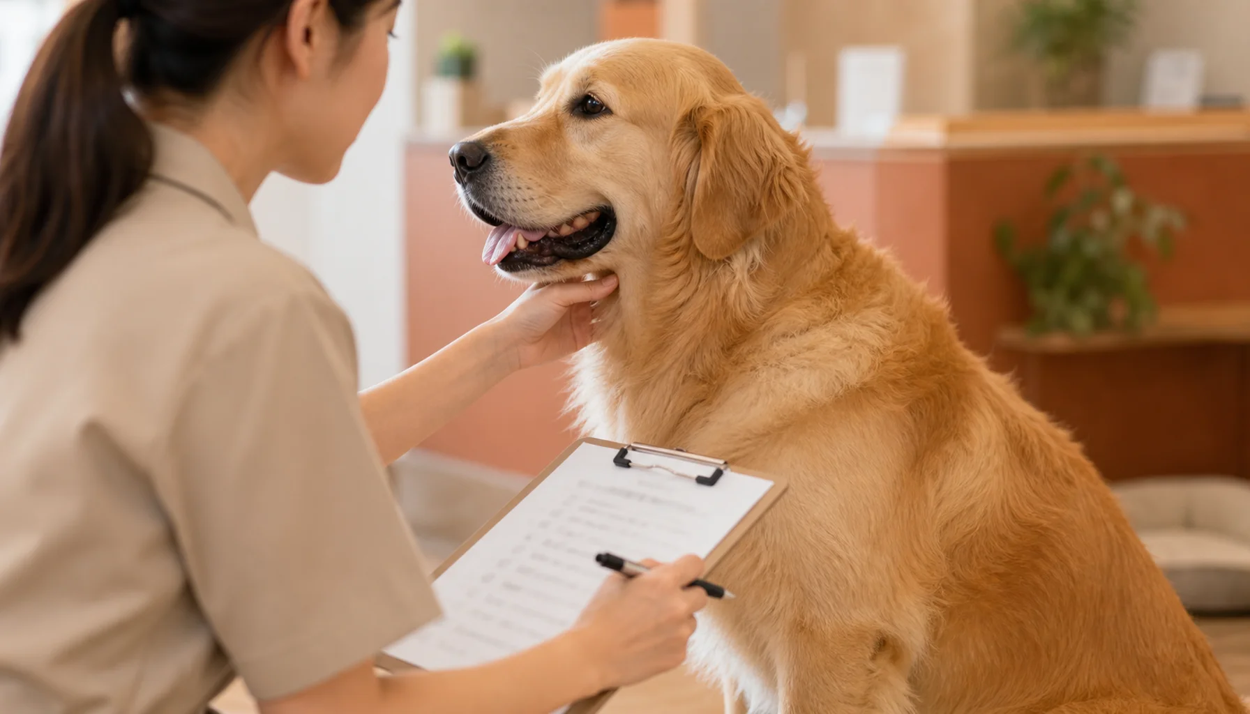 大型犬の受け入れ可否を評価するペットホテルスタッフ
