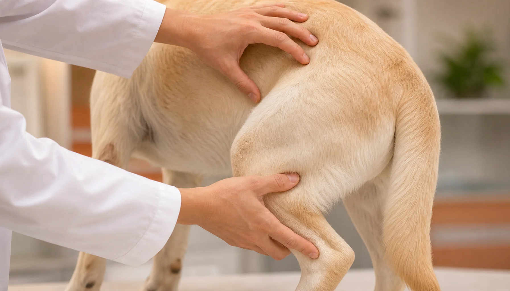 大型犬の股関節を診察する獣医師の手元