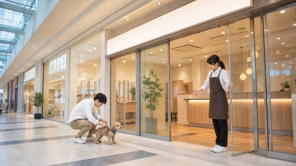 石巻市のショッピングモール内にあるペットホテル入口、明るい看板とガラス張りの店舗