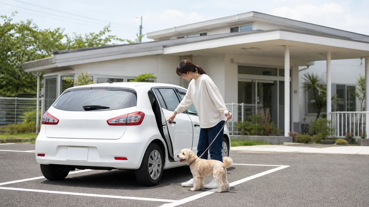 宮崎市郊外の動物病院併設ホテルの駐車場に車を停める飼い主