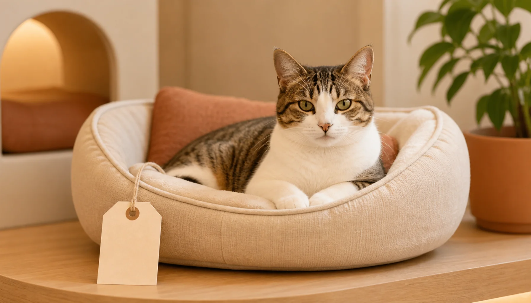ペットホテルで休む猫と料金タグ
