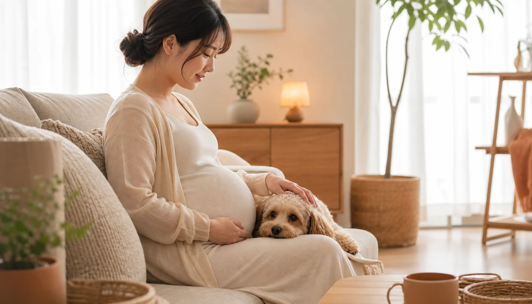 出産前に小型犬を撫でる妊婦