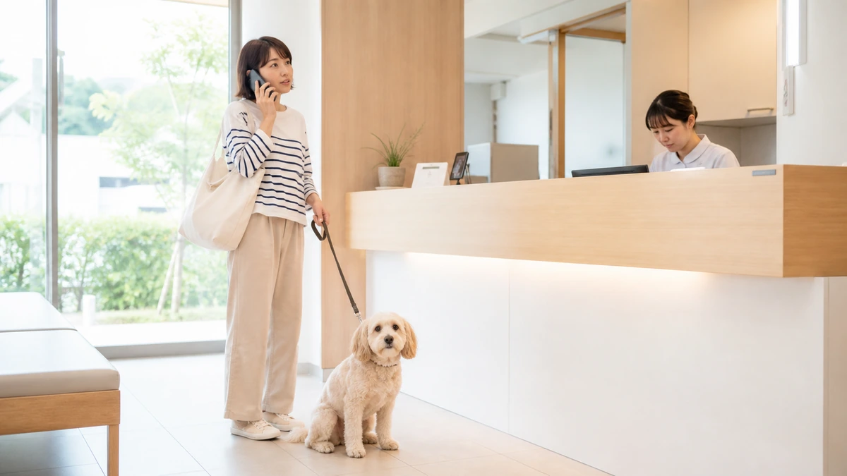 佐賀市の動物病院の受付で電話をかけて料金を確認する飼い主