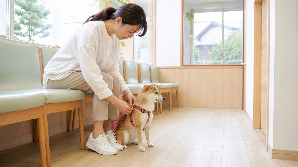 佐賀市郊外の動物病院に犬を連れて診察を待つ飼い主