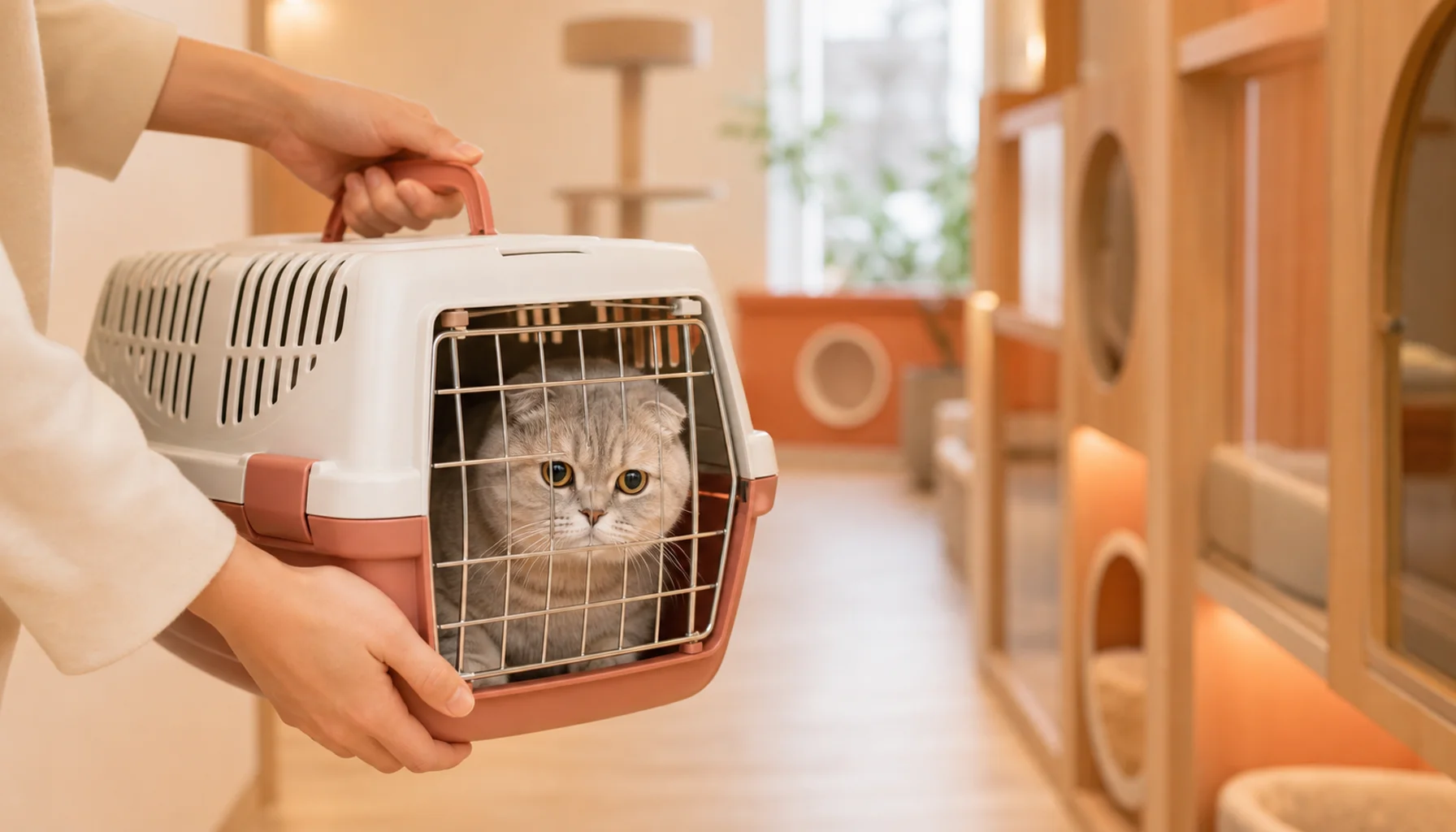 猫専用ホテルへスコフォを運ぶキャリーを持つ飼い主の手元