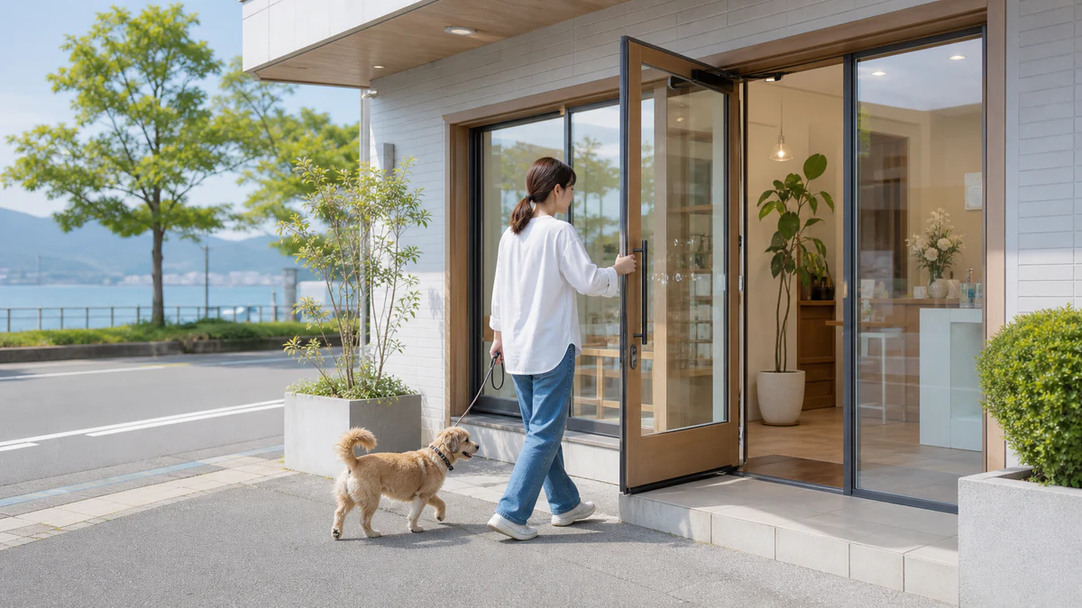 大津市の琵琶湖沿いにあるペットサロンの外観、明るい日差しの中で犬を連れた飼い主が入店する様子