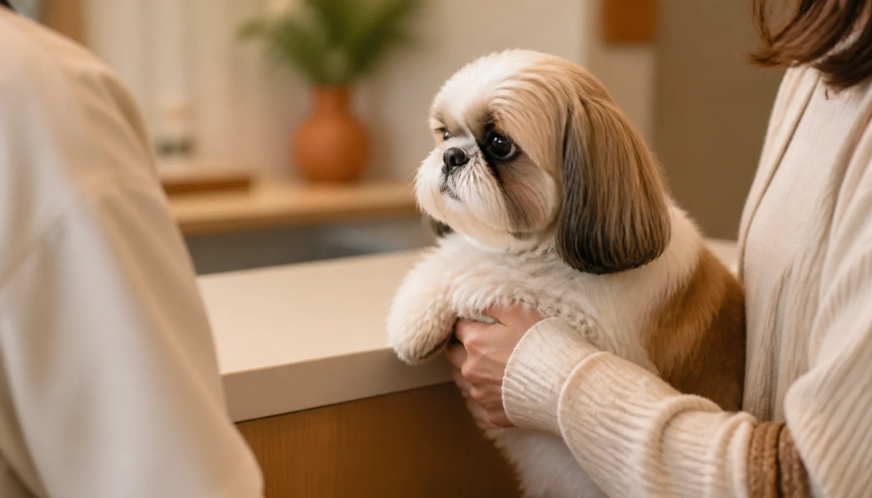 ペットホテル受付でシーズーを抱える飼い主