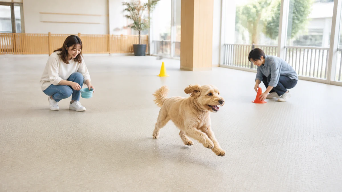 浜松市の屋内ドッグランで自由に走り回る中型犬、広いスペースと明るい照明