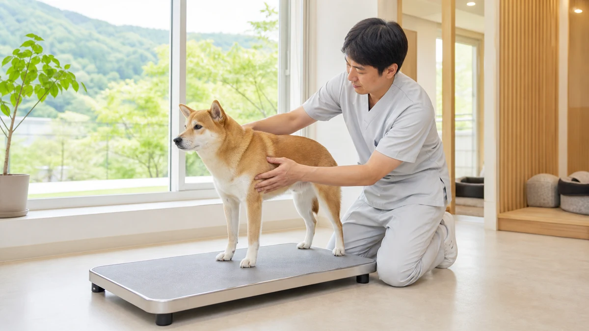 静岡県の動物病院併設ペットホテルで獣医師が犬の体調を確認している様子