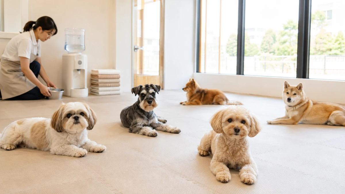明るい室内のプレイルームで、日中に小型犬と中型犬が数頭、床のマットの上でくつろいでいる。壁際に給水器と畳んだタオルが置かれている