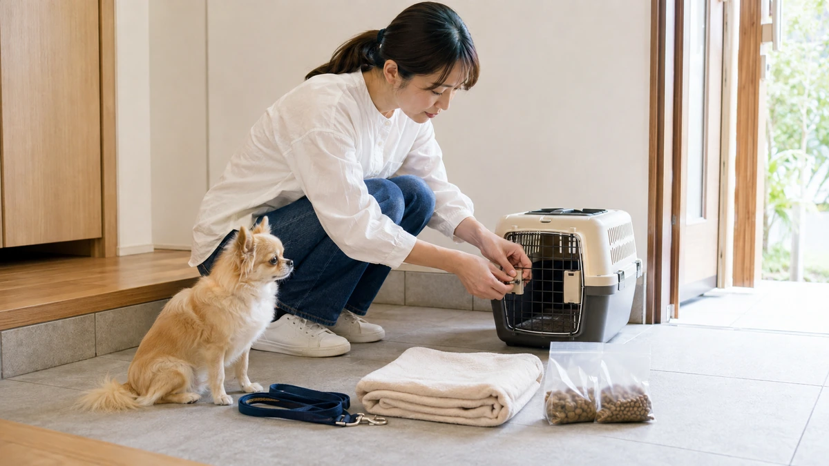 玄関先で飼い主がキャリーバッグの扉を確認している場面。足元にリードと折りたたんだブランケット、小分けにしたフードの袋が並んでいる
