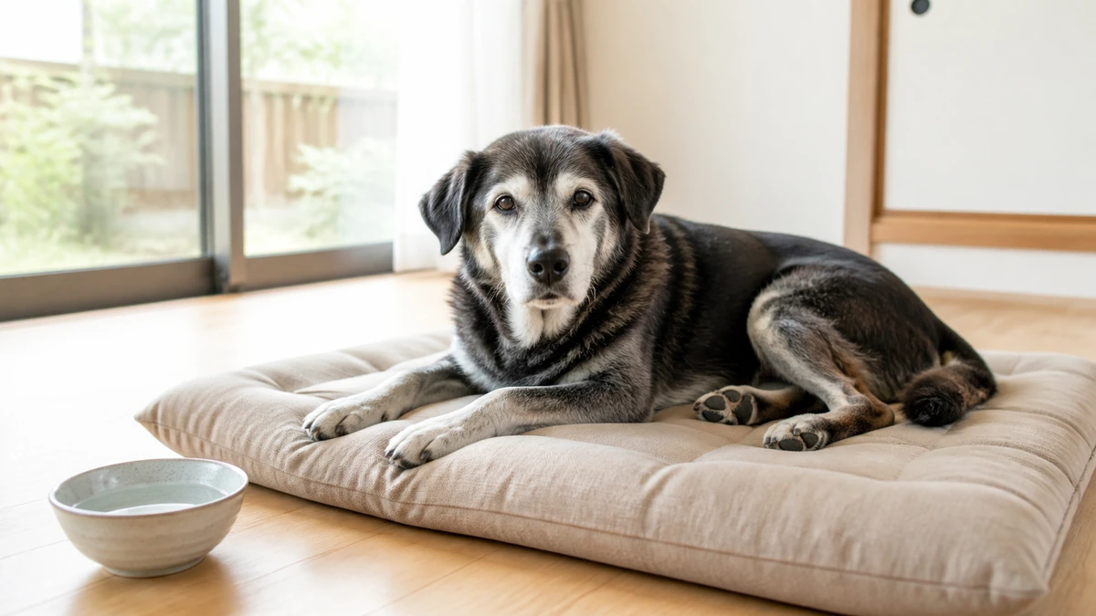 口元が白くなった高齢犬が、静かな明るい部屋で厚手のマットに伏せている。傍らに水入れ