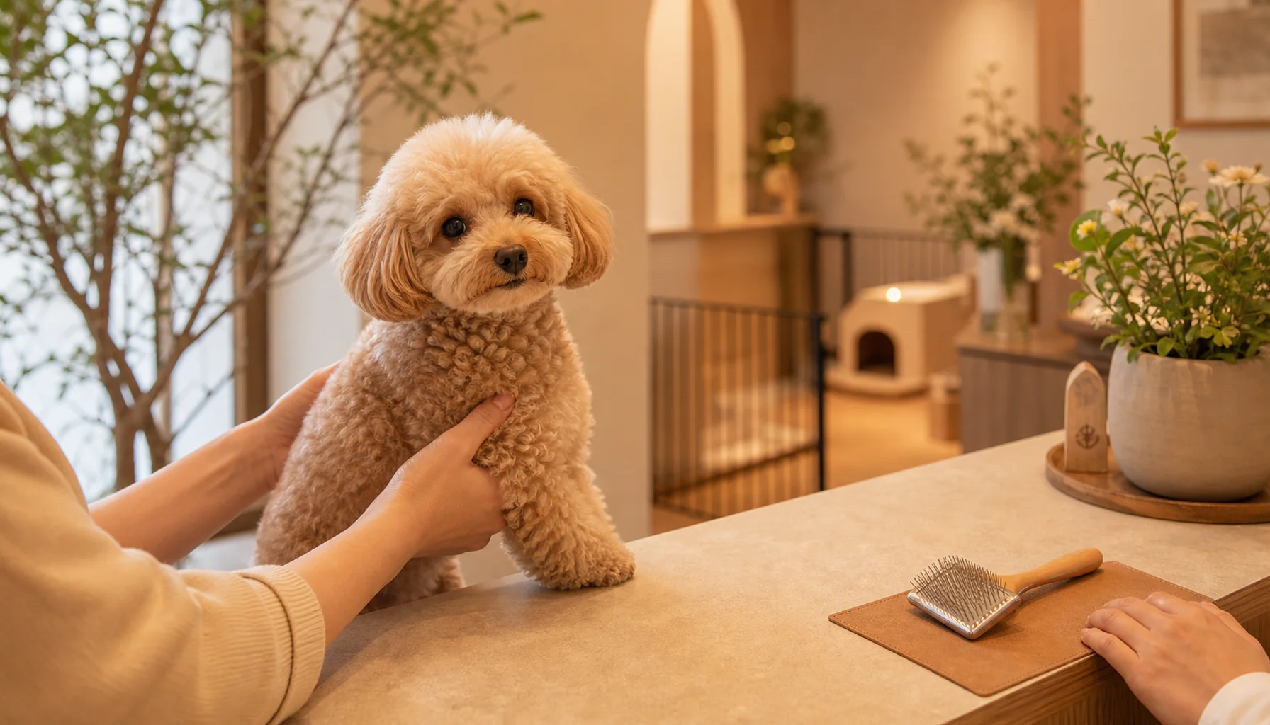 ペットホテル受付でトイプードルを抱える飼い主