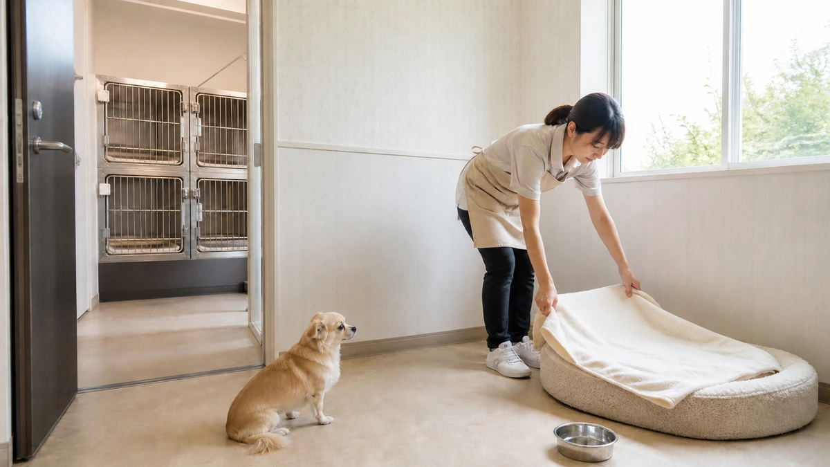 個室タイプの宿泊部屋。柔らかいベッドと窓があり、扉の奥に見える連結ケージとは明確に分かれている