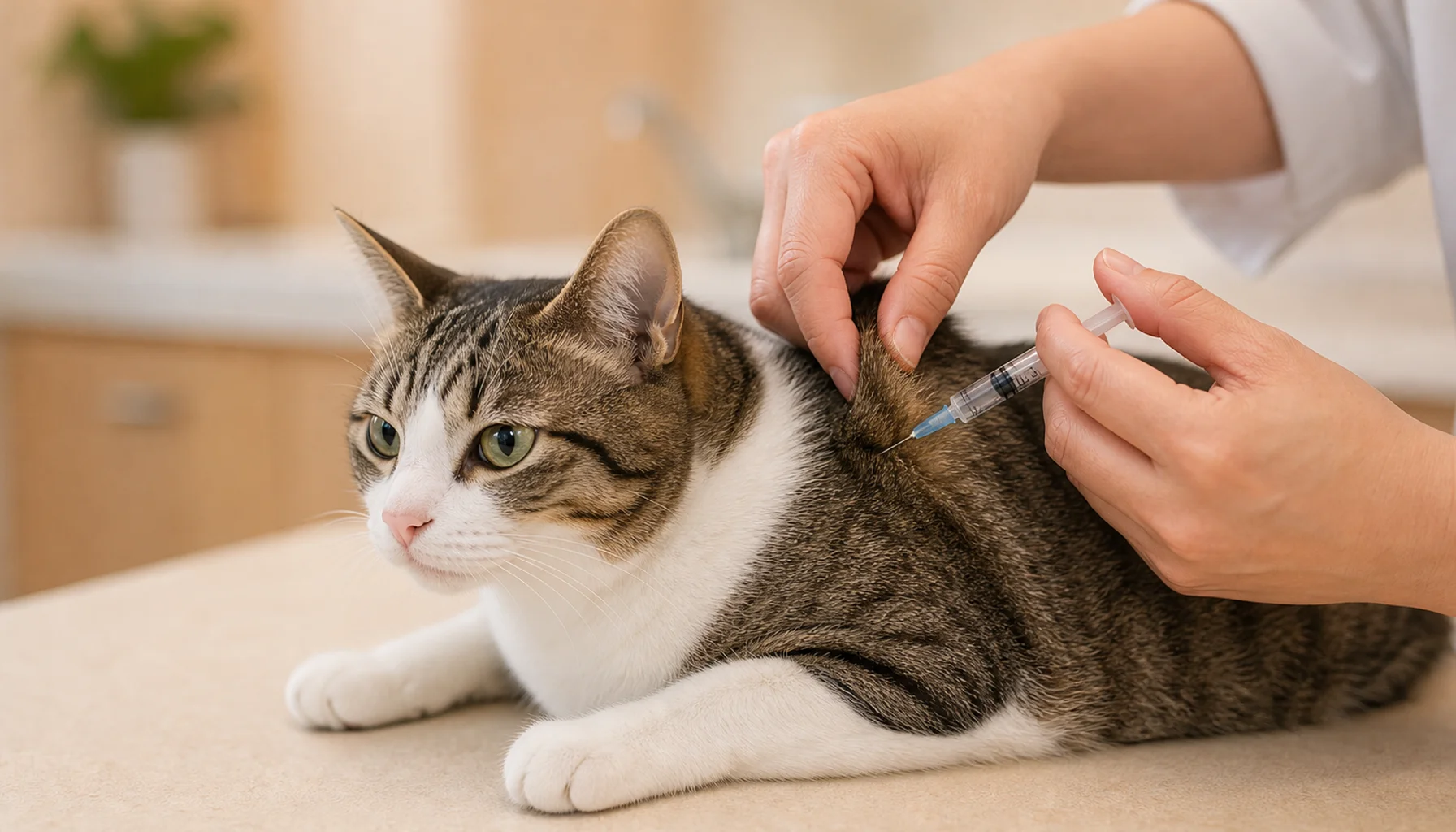 猫にワクチンを接種する獣医師の手元