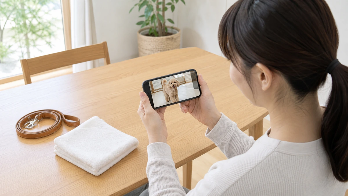 飼い主がスマートフォンで施設から届いた犬の写真を見ている。テーブルの上にリードと折りたたんだタオルが置かれている
