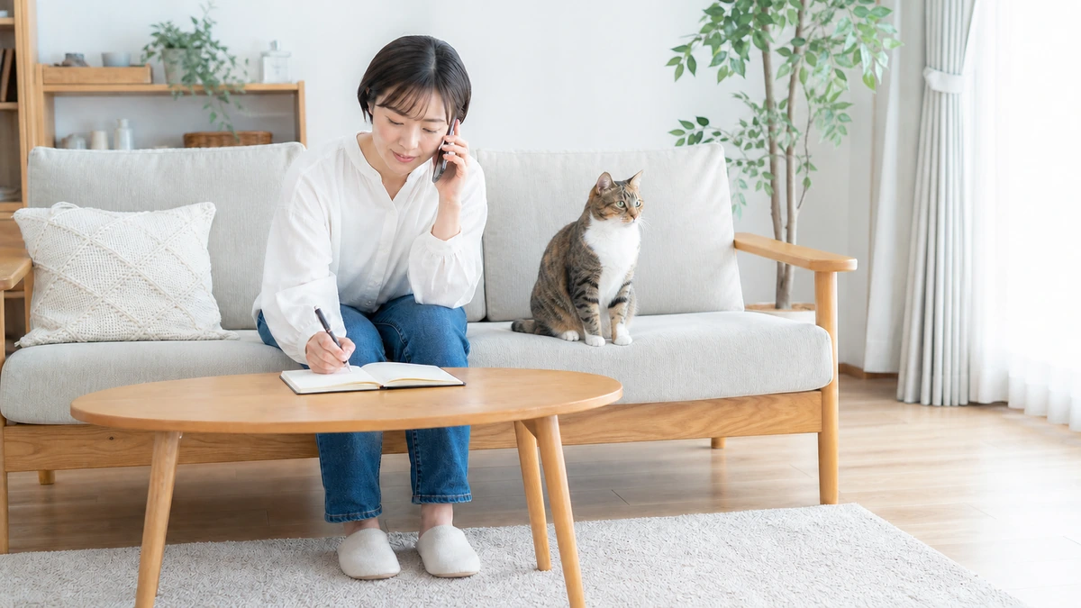 スマートフォンで施設に電話をかけながらメモを取る飼い主。ソファに猫が座っている